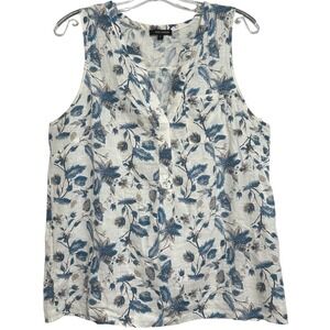 Anne Carson Tank Top Women Floral Blue Tan Linen Blend Coastal Cottagecore L